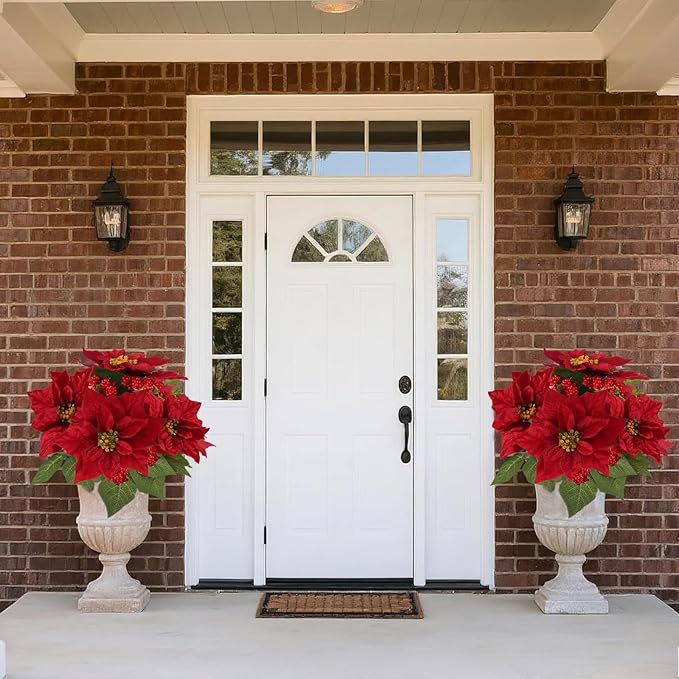 14" Artificial Poinsettias Christmas Plants with Red Berry Fake Poinsettia Flowers in Pot for Home Garden Portch Office Indoor Outdoor Christmas Decorations Red