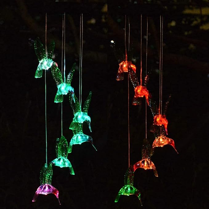 Chasgo Solar Hummingbird Wind Chime Color Changing Solar Mobile Wind Chime Outdoor Mobile Hanging Patio Light