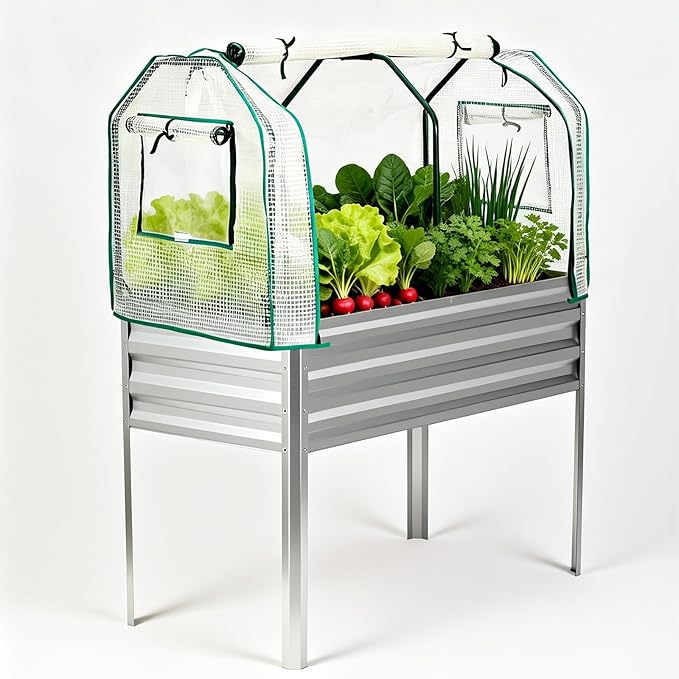 GarveeLife Raised Garden Bed with Legs, Galvanized Metal Elevated Garden Bed with Cover & Built-in Spray Tube, Raised Planter Box for Backyard, Patio, Balcony, 48x24x55 in, Silver