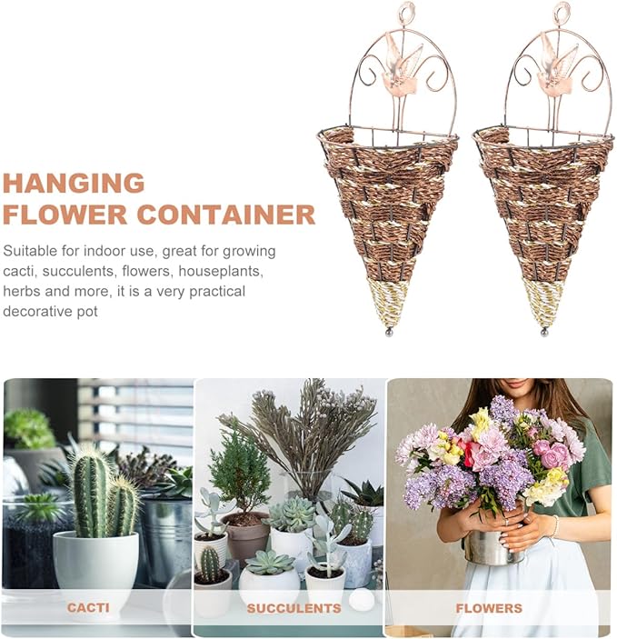 POPETPOP Wall Hanging Flower Pot Rattan Cone Shaped Planter Indoor Wall-Mounted Decorative Basket with Iron Frame Space-Saving Design