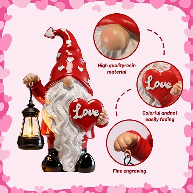 Valentines Day Decorations, Valentines Day Garden Gnome Decorations Outdoor, Waterproof Resin Gnomes Holding Heart-Shaped and Solar Lantern, Valentines Gifts Outdoor/Indoor Decor
