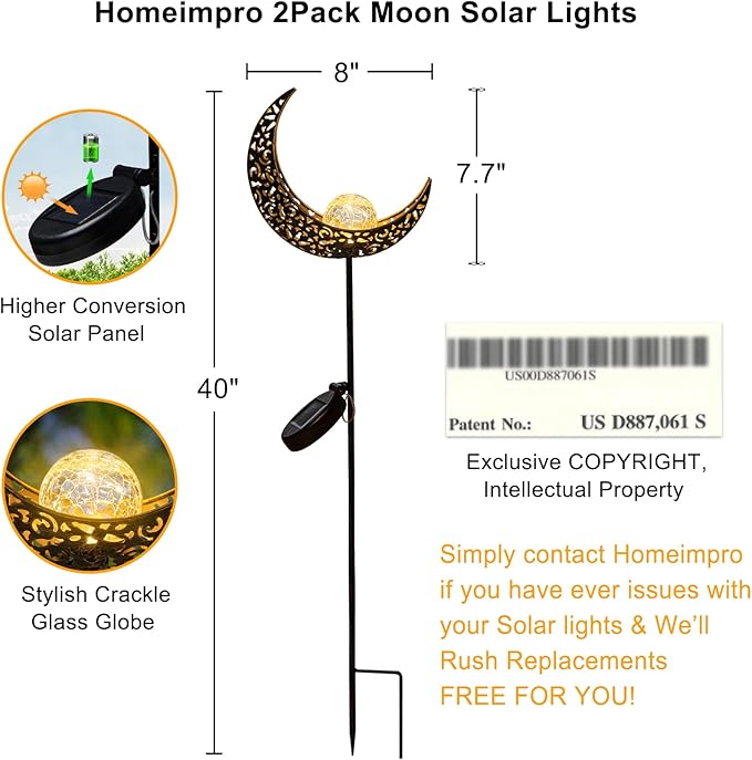 2Pack Moon Garden Solar Lights Outdoor Stakes Waterproof, Gifts for Mom, Crackle Glass Halloween Backyard Decor Balcony Lawn Ornaments, for Women Men Grandma (Bronze)