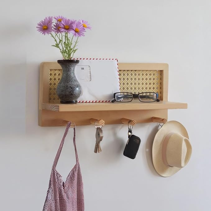 2 PCS Rattan Wall Shelves, Natural Wood No-Drill Rattan Wall Shelf with 4 Hooks for Planters Coats Bags Keys, Self-Adhesive Floating Shelf for Entryway Bedroom Kitchen