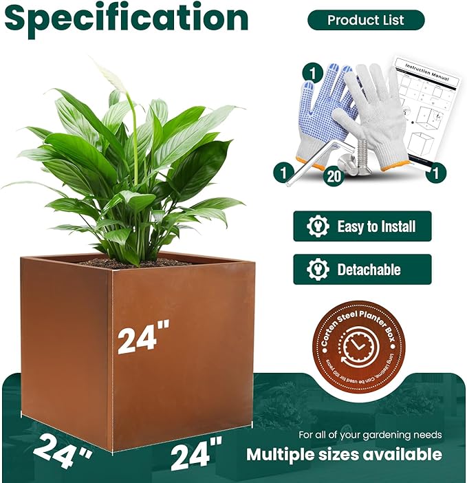 GZGNEEVL Corten Steel Planter Box Large Outdoor Planter Square Cube Planters Rustic Metal Garden Flower Pot 24 Inch Durable Antique Detached for Commercial Residential Patio Deck and Yard
