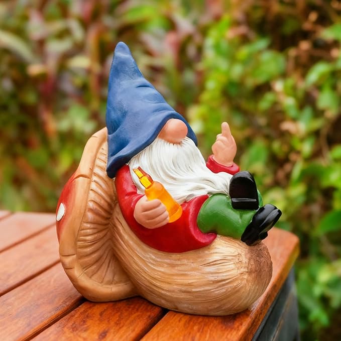 Middle Finger Gnome Statue Naughty Garden Gnomes Funny Drunk Gnome on Mushroom Indoor Outdoor Decoration for Yard Lawn Home Christmas Birthday Gag Gift