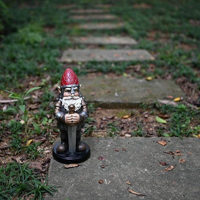 Gnome Knight Holding sword - armored, 9 inches: Warrior statue for Garden