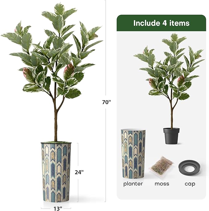 Artificial Tree in Modern Polygon Pattern Effect Planter, Fake Rubber Silk TRE for Indoor and Outdoor Home Decoration - 70" Overall Tall (Plant Pot Plus Tree)