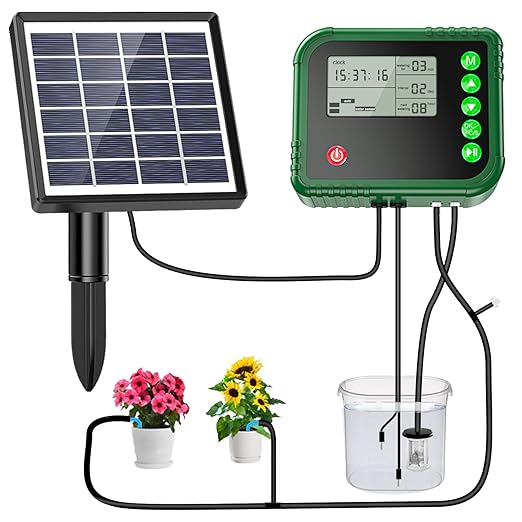 Lewisia Solar Automatic Drip Irrigation Kit with Timer and Water Sensor for 15 Potted Plants Self Watering System DIY Plant Waterer Auto-Irrigation Set for Garden Raised Beds Patio Greenhouse