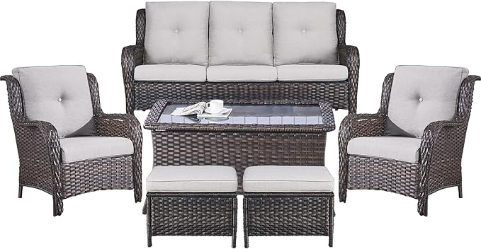 Belord Patio Wicker Sofa Set 6 Pieces Patio Furniture Set Outdoor Couch, 2 Patio Wicker Chairs with 1 Sofa, Coffee Table and Ottomans, Patio Conversation Set for Porch Garden Deck Balcony Poolside