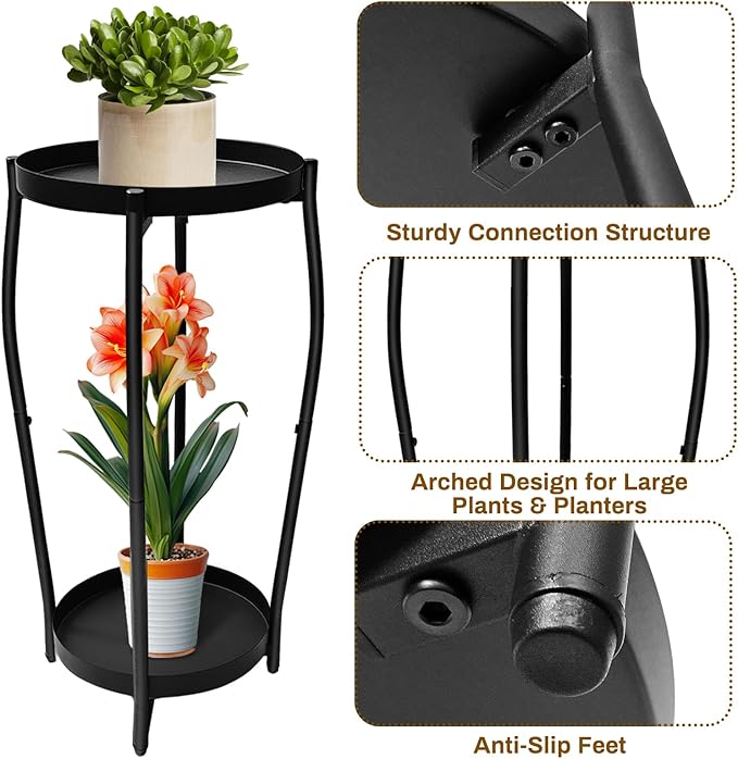 Uniqcovosa Plant Stand Indoor, 2 Tier Tall Plant Stands, 4-Leg Metal Flower Stand, Heavy Duty Plant Shelf Plant Rack Flower Stands for Living Room, Black