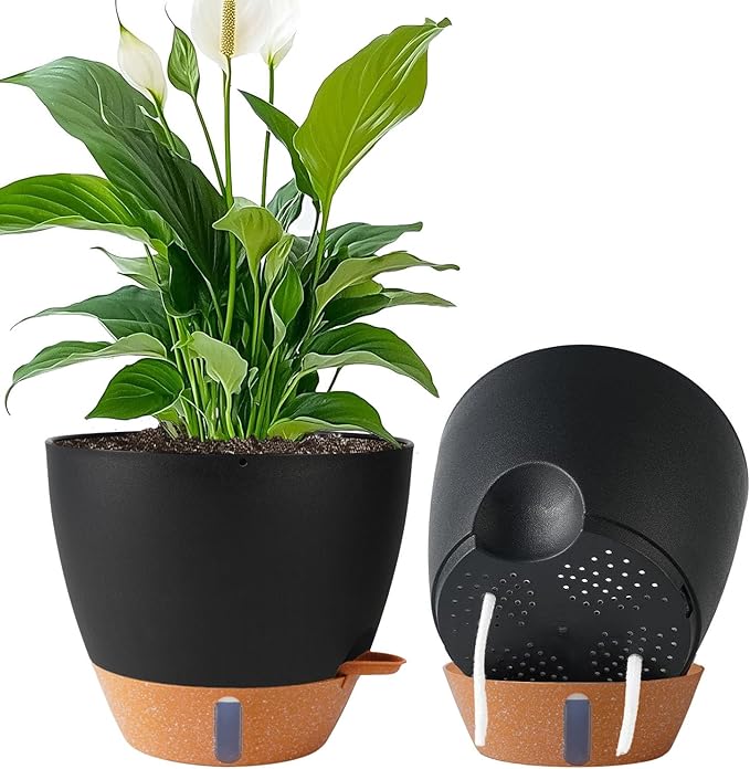 Fielda 2 Pack 10 inch Plant Pots, Plastic Self Watering Planters with Drainage Holes, Deep Reservoir, Water Level Indicator, Modern Decorative Flower Pots for Indoor Outdoor Plants (Black, 10 inch)