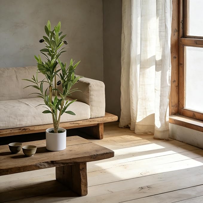 28" Fake Olive Tree with Pot Indoor, Small Artificial Olive Branches Stems Potted Greenery Faux Green Plants in Pot for Tabletop Desk Office Bedroom Bathroom Kitchen Living Room Home Decor