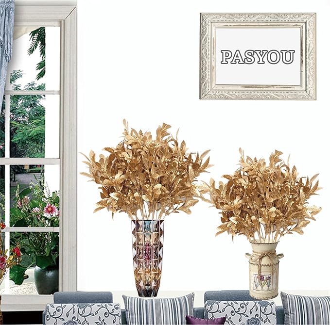 Fake Plants Golden Bouquet Christmas Ornaments, PASYOU Artificial Flowers Plastic Shrubs Grass Leaves Indoor Outdoor Home Garden Party Hotel Wedding Event Decorations Faux DIY Table Decor, Gold 4 Pack