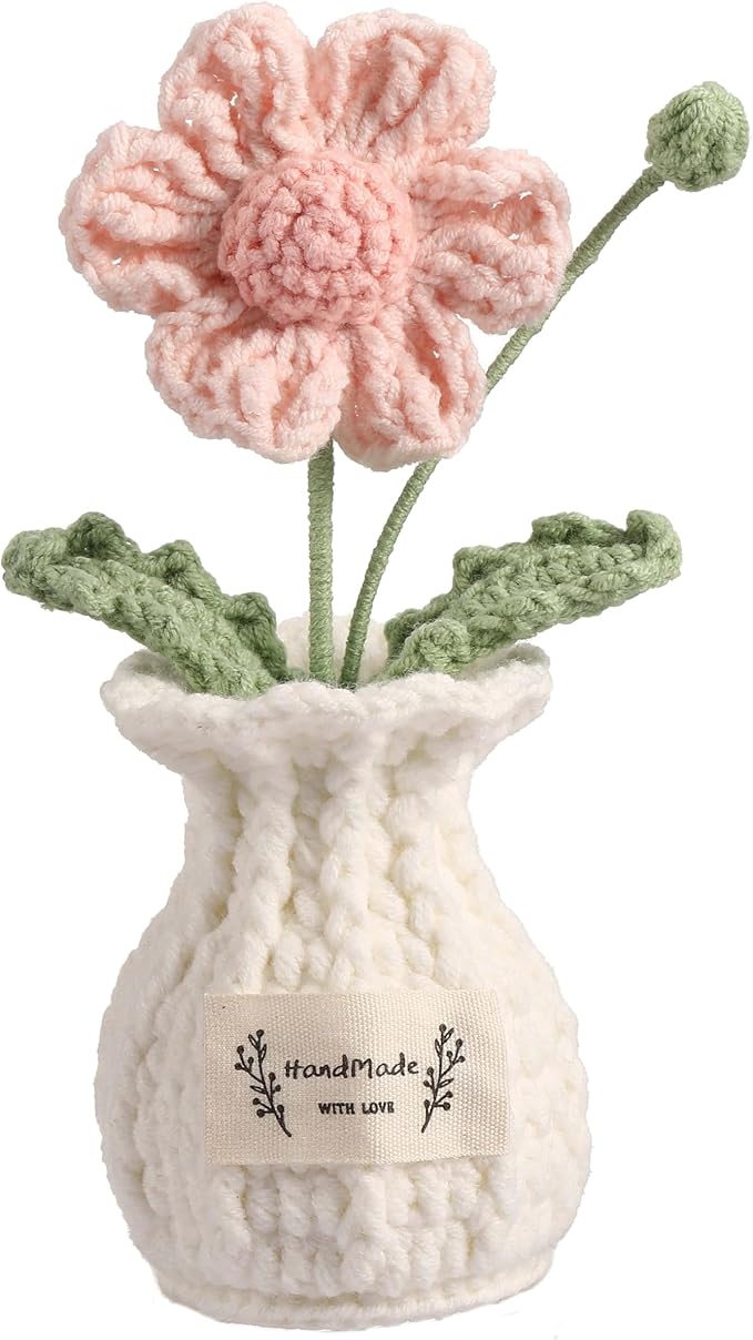 YOOJEE Daisy Crochet Flower Potted Plant – Pink, Handmade Knitted Desk Decor