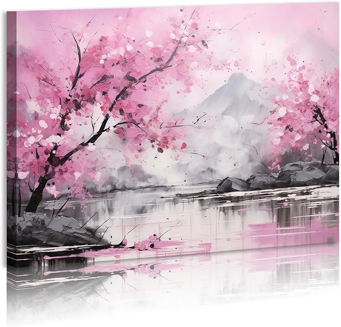 FUNHUA Flower Canvas Wall Art Pink Cherry Blossom Watercolor Picture Print Stretched And Framed For Modern Home Decor Ready To Hang 12"x16" Framed