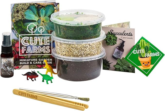Cute Farms Terrarium Starter Kit | Moss, Vermiculite, Soil, Pebbles, Plant Food, Finishing Tools, Build and Care Guide | DIY Succulent Terrarium for Adults and Kids (Small)
