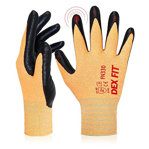 DEX FIT Nitrile Work Gloves FN330, 1 Pair, 3D-Comfort Stretchy Fit, Firm Grip, Thin & Lightweight, Touch-Screen Compatible, Durable, Breathable & Cool, Machine Washable; Orange M (8)