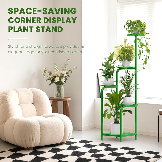 TOSKING 5 Tier Tall Plant Stand Indoor Outdoor, Heavy Duty Corner Shelf for Plants & Christmas Home Decor, Space Saving 3.9FT Metal Flower Pot Stand for Balcony, Garden, Living Room, Patio (Green, 47in)