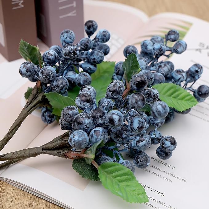 4pcs Artificial Blueberries Fruit Stems Fake Berries Picks Flowers Plant Decorations DIY Flower Arrangement Garland Bouquet Home Wedding Party