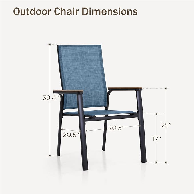 PHI VILLA Outdoor Stackable Chairs, Patio Chairs Set of 8, Light Weight Aluminum Frame with Textilene Fabric & Wood Armrest, High Back Deck Chairs for Poolside Lawn Garden, Blue