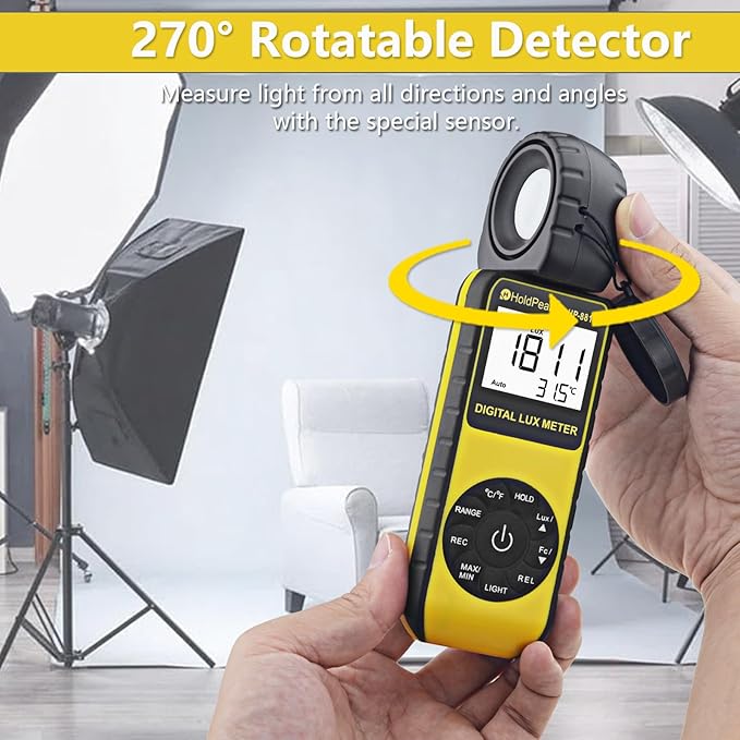 HOLDPEAK 881D Illuminance Light Meter, Digital Lux Foot Candles Meter 0.1~400,000 Lux (0.1~40,000 FC) with 270º Rotatable Detector, Par Meter Luxmeter for Plants LED Lights Indoor Outdoor Light Tester