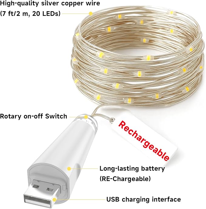 Rechargeable Fairy Lights - 7ft 20 LED String Lights, USB Rechargeable Battery Operated Twinkle Light for Mason Jars Wedding Decor Centerpiece Table Decorations Christmas