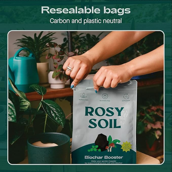 Rosy Soil Biochar Booster 8qt + Indoor Potting Mix 8qt for Houseplant - Peat Free Organic Living Soil with Worm Castings, Mycorrhizae, Pine Bark Fines - Fast Draining, Root Boosting Biochar Supplement