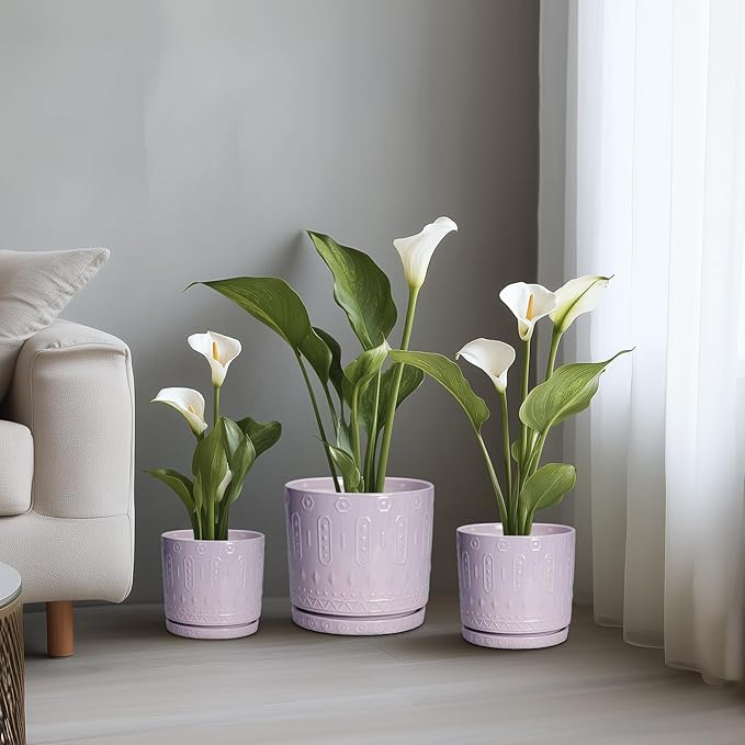 Ceramic Flower Pots, 8 Inch Plant Pots Indoor Outdoor, Round Planter with Drainage Hole and Tray, Boho Planter, Decorative Pot for Plants, Apartment Decor, House Warming Gifts, Purple