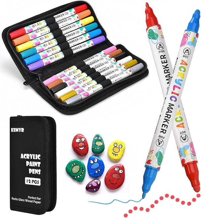 KEMYR 12 Colors Acrylic Paint Pens, Dual Tip Acrylic Paint Markers for Paper, Wood, Canvas, Stone, Rock Painting, Glass, Fabric, DIY, Ceramic, Art Supplies for Adults Drawing (Dot + Fine)