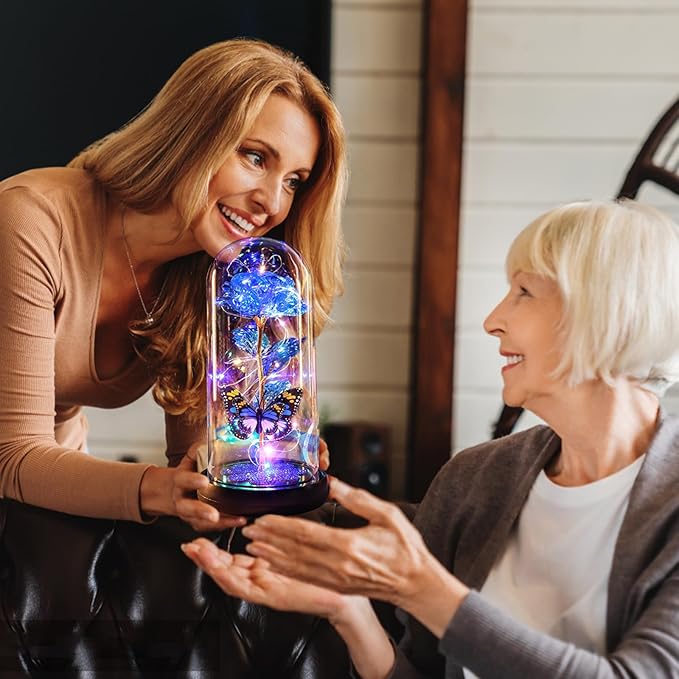 Valentines Day Rose Gifts for Her Birthday Gift for Women, Rechargeable Galaxy Glass Rose in Glass Dome Crystal Eternal Roses Butterfly Valentine Gifts for Women Daughter Mom Wife Girlfriend Blue
