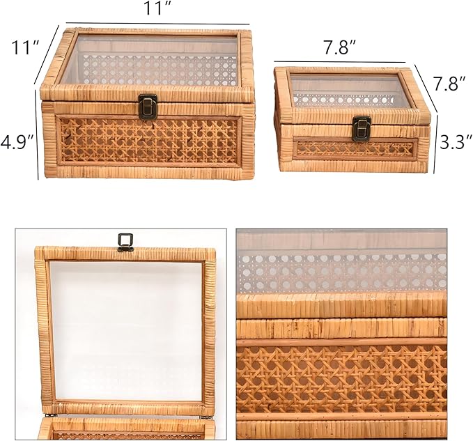 Rattan and Cane Square Stacking Boxes with Glass Top Lid - Set of 2 for Boho, and Rustic Farmhouse Decor