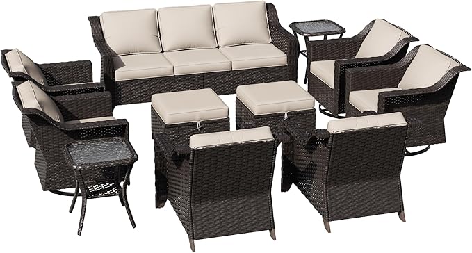11 Pieces Patio Conversation Furniture Set - 1 Sofa, 2 Ottoman, 2 Armchairs, 4 Swivel Chairs, 2 Side Tables, Outdoor Wicker Furniture with Removable Cushions for Porch, Sunroom (Beige)