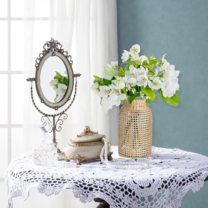 DOITOOL Wicker Vase, 8" Tall Glass Vase with Rattan Cover, Tall Rattan s for Flowers, Boho Floral Container Bottle for Floral Arrangements Housewarming Party Home Decor (L)