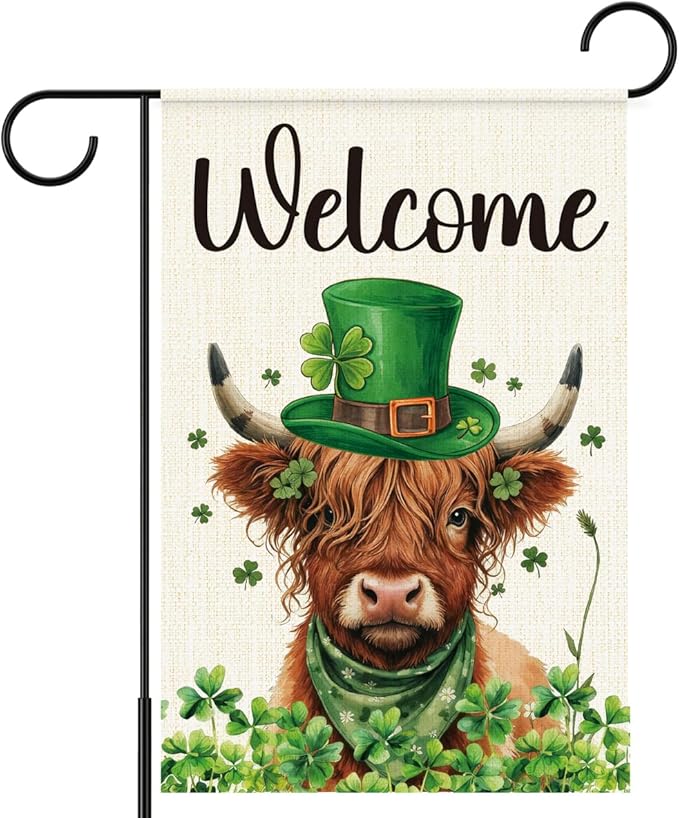 St Patricks Day Welcome Garden Flag 12x18 Inch Double Sided,Shamrocks Cow with Green Hat Outdoor Irish Decor House Porch Flag for St Patrick's Day Party and Yard Decorations
