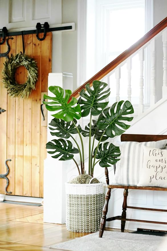 Hollyone 2 Pack Artificial Monstera Deliciosa Plant 3FT Tall Fake Tropical Palm Plants Trees Faux Monstera Indoor Swiss Cheese Plants for Indoor Outdoor Home Office Garden Living Room Decoration