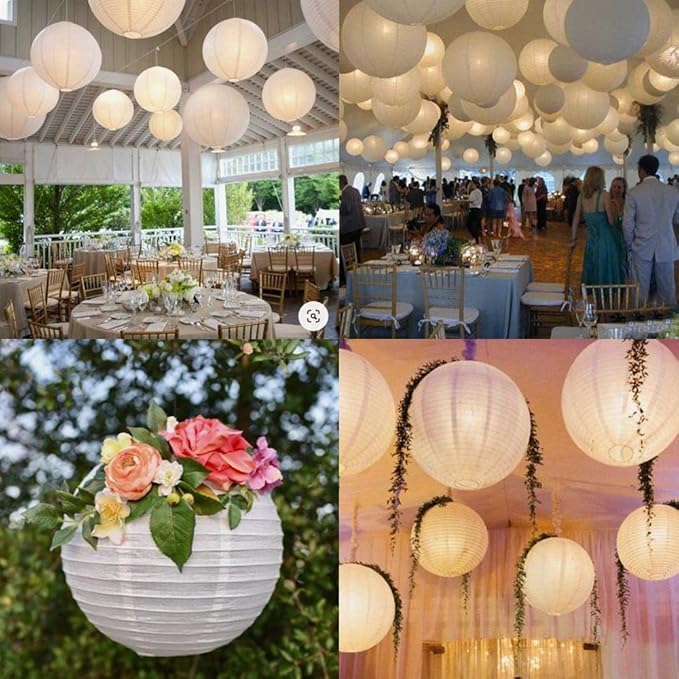 HAUSPROFI Paper Lanterns, 6" 8" 10" 12" Round Paper Lantern with LED Lantern Lights for Indoor and Outdoor Decoration - (Lanterns: 12pcs, Warm White Lights: 12pcs)