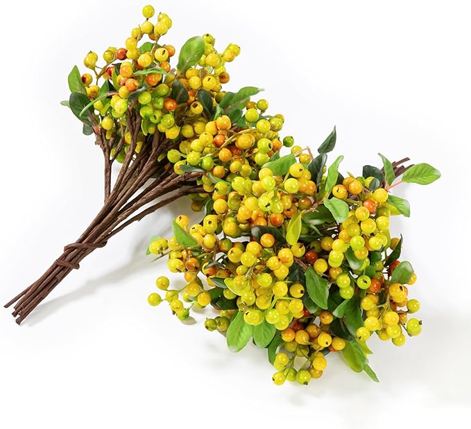 SHACOS Artificial Orange Fall Berry Stems 20 PCS Fake Berries Branches Spray with Green Leaves 9.8 inch Small Berry Picks for Thanksgiving Christmas Floral Crafts Home Decor, Orange Yellow