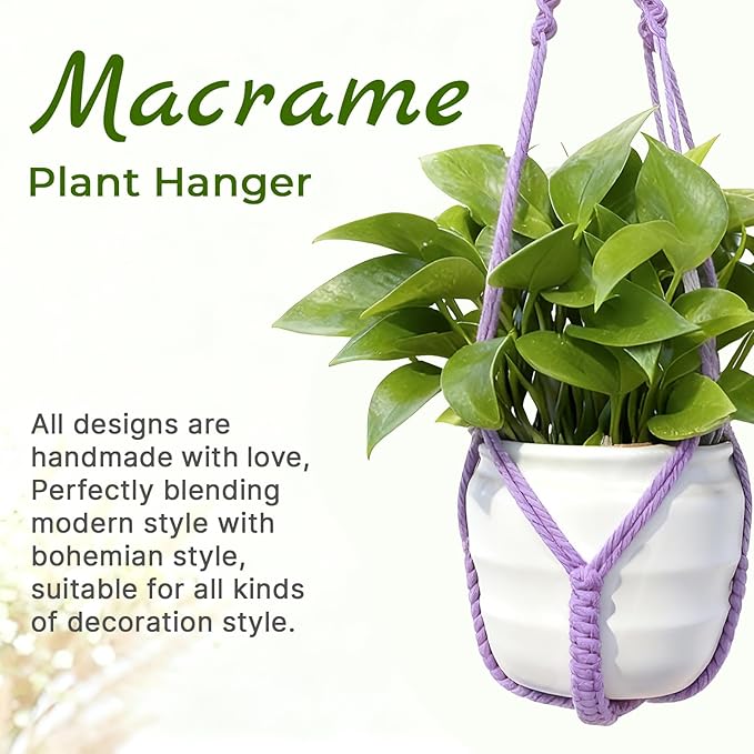 EJGIEGSO Macrame Plant Hanger, Up to 4-15 inch Pots, Wood Beads Cotton Hanging Planter Holder for Indoor Outdoor Boho Home Decor, 35 Inch, Set of 2 (Purple)