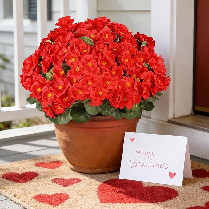Artificial Flowers for Outdoors, 6 Bundles Realistic Silk Fake Red Geraniums, UV Resistant Faux Flowers for Planters, Hanging Baskets, Window Boxes, Porch, Patio Valentine's Day Decor