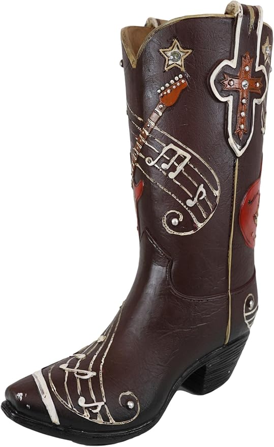 Ebros Gift Wild West Faux Tooled Leather Cowgirl Cowboy Boot with Western Star Cross Guitar and Musical Notes Chords Desktop Floral Vase Planter Sculpture Rustic Accent Boots Figurine