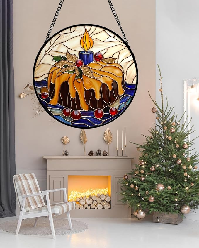 Stained Glass Window Hanging - Blue Candle Cake Suncatcher for Doors Home Christmas Decoration Winter Sun Catcher Thanksgiving New Year Birthday Gifts for Women Men Mom Nana Girl 7.8 in