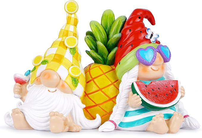 Hodao Summer Fruit Themed Garden Gnomes Decor - Lemon & Watermelon Design with Pineapple Accent - Adorable Resin Figurines for Home, Yard & Patio Decor