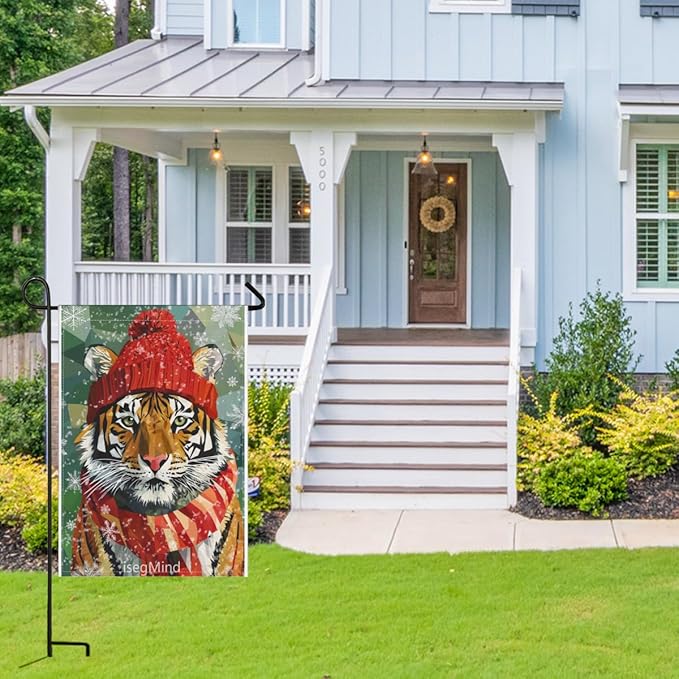 Tiger with Red Scarf and Hat Snowflake Christmas Garden Flag, 28x40 Inch Double Sided Linen Holiday Red Winter Farmhouse Yard Outdoor Decoration (4327)