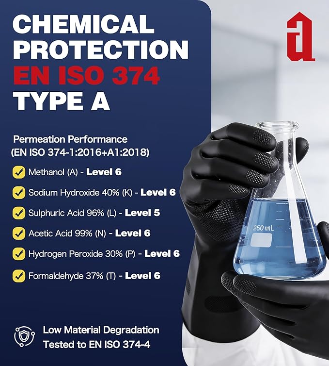 Heavy Duty Rubber Safety Work Gloves, Chemical Resistant Latex Gloves for Cleaning, Acid & Alkali Protection, Hazmat Use, Black, X-Large