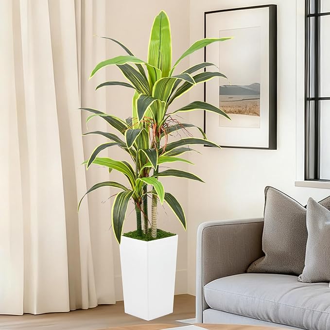 Aritificial Dracaena Tree 5FT with Realistic Trunks and 33 Leaves in Tall White Pot Faux Tropical Yucca Floor Plant for Home Office Decor Indoor Housewarming