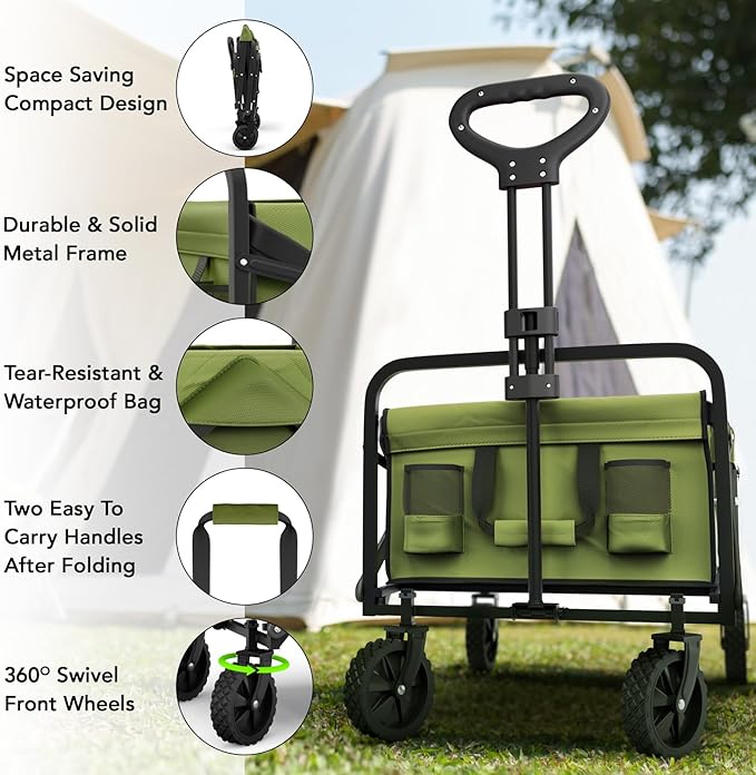 Lifetime Home Collapsible Foldable Heavy Duty Utility Wagon Cart with Larger Capacity - Perfect for Shopping, Sports Events, Grocery, Moving, Camping, Laundry, Beach - Green