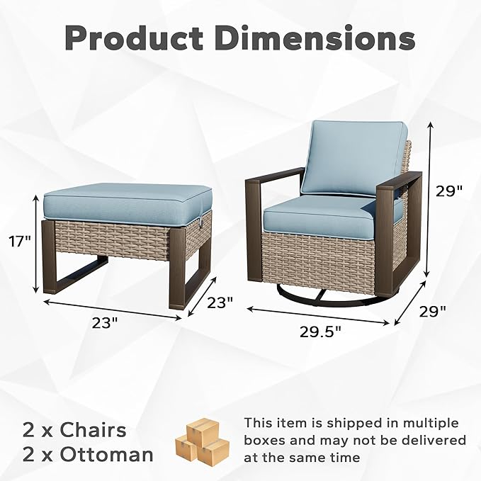 Joyside Outdoor Patio Swivel Rocker Chairs, 4 Pieces Wicker Furniture Set, 2 Swivel Rocking Chairs and 2 Ottoman, Metal Wide Armrest, Thick Cushions and Deep Seating for Garden, Backyard, Porch, Deck