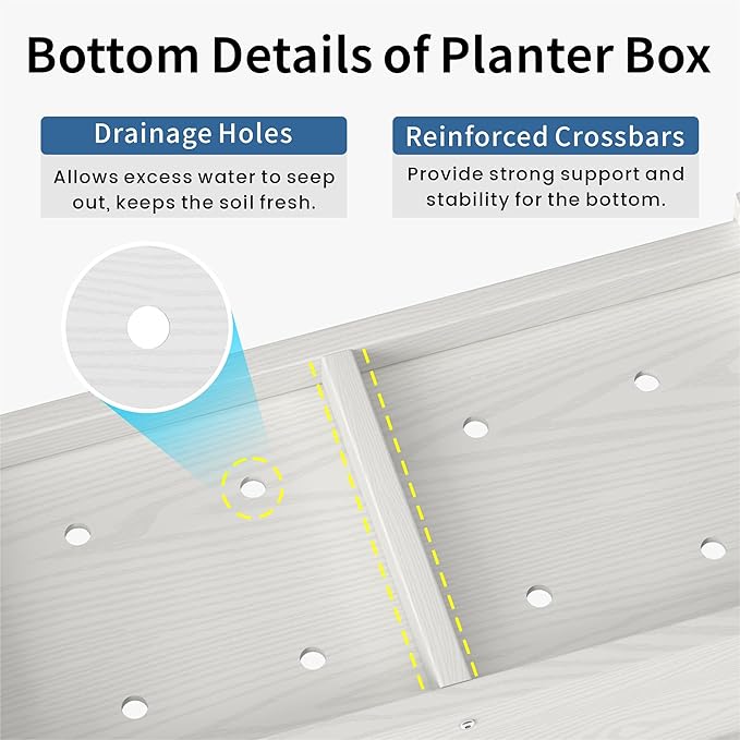 HDPE Planter Box, All-Weather Outdoor Garden Bed Easy to Assemble, Drainage System, Low Maintenance, Non-Fading, for Flower/Herb/Seed (White)