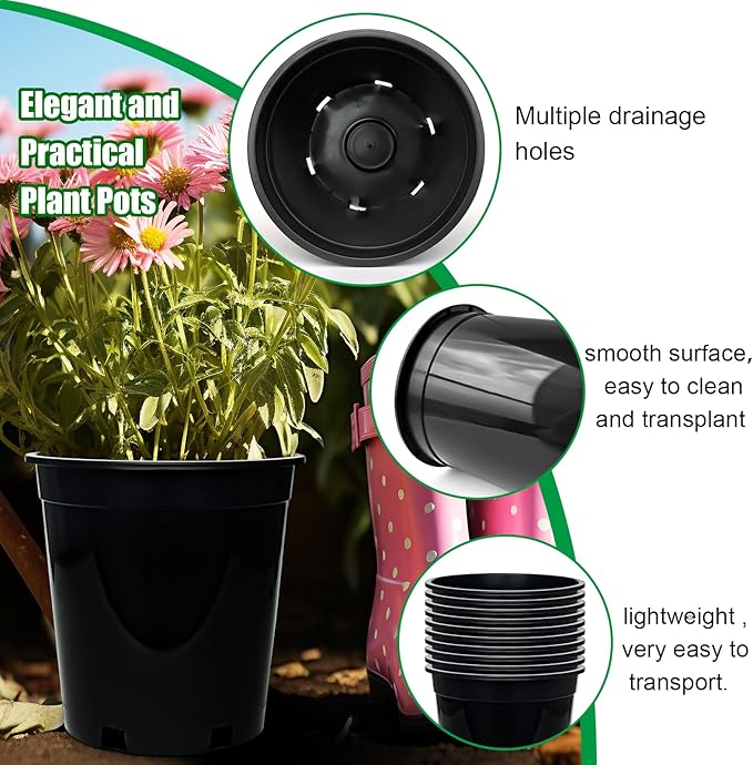 RooTrimmer 1.5 Gallon Plastic Nursery Pots, 7.5 Inch Round Plant Pots with Drainage Holes, 15 Pack Flower Pots for Outdoor Indoor Plants, Flowers, Gardening Gifts for Women, Black