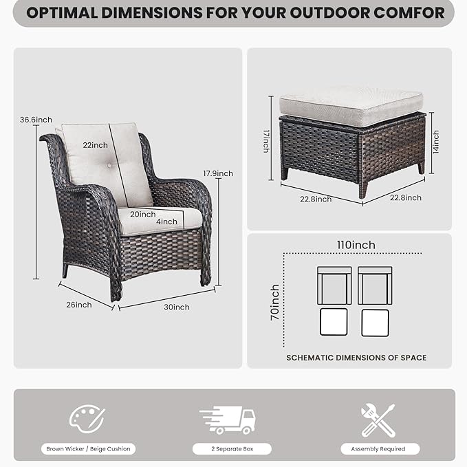 Belord Wicker Furniture 4 Pieces Outdoor Patio Furniture Set Patio Chairs with Ottomans Conversation Set for Porch Garden Deck Balcony Poolside
